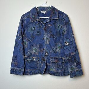 Vintage GRAFF By UM Company Womens Jacket PM Embroidered Floral Denim Boho Artsy